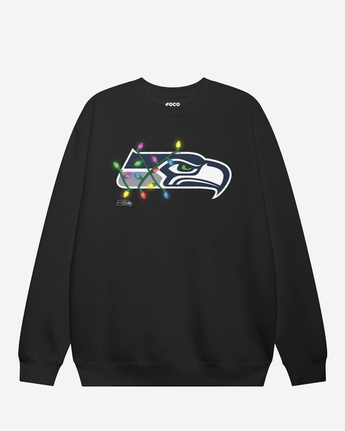 Seattle Seahawks Primary Logo Holiday Lights Crew Neck Sweatshirt FOCO Navy S - FOCO.com
