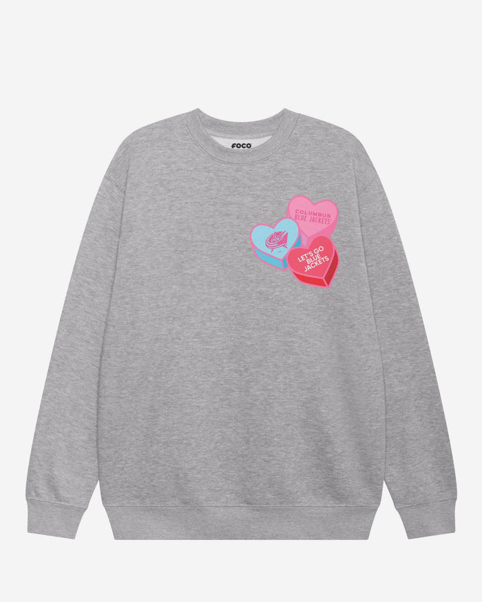 Columbus Blue Jackets Candy Heart Crew Neck Sweatshirt FOCO Athletic Heather S - FOCO.com