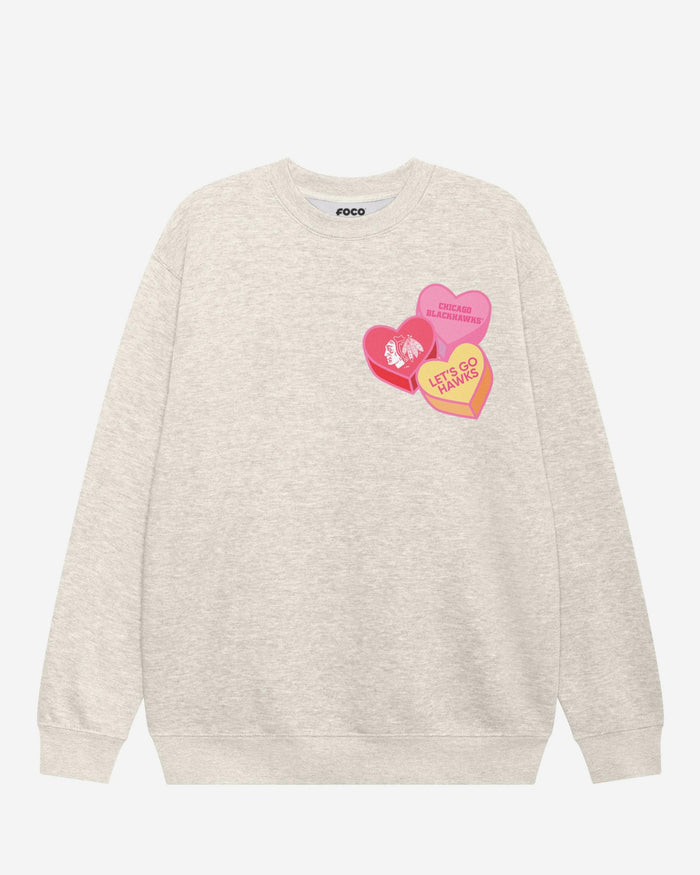 Chicago Blackhawks Candy Heart Crew Neck Sweatshirt FOCO Oatmeal Heather S - FOCO.com