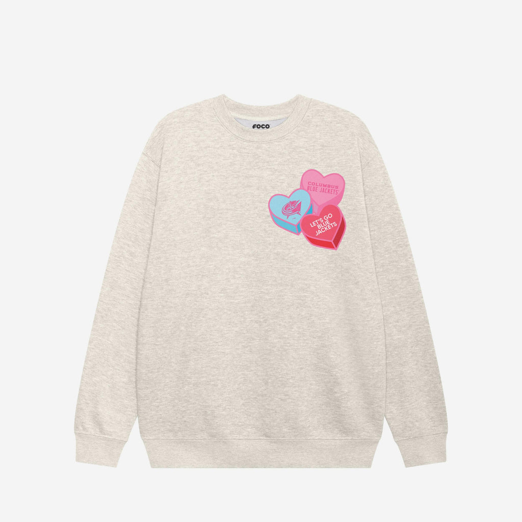Columbus Blue Jackets Candy Heart Crew Neck Sweatshirt FOCO Oatmeal Heather S - FOCO.com