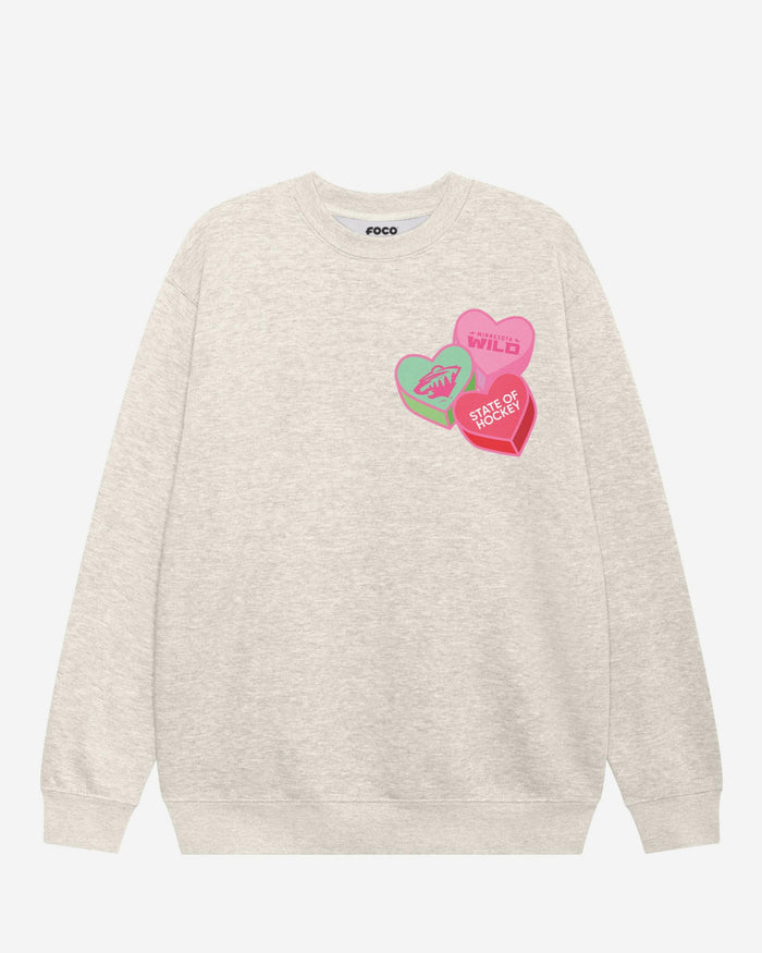 Minnesota Wild Candy Heart Crew Neck Sweatshirt FOCO Oatmeal Heather S - FOCO.com