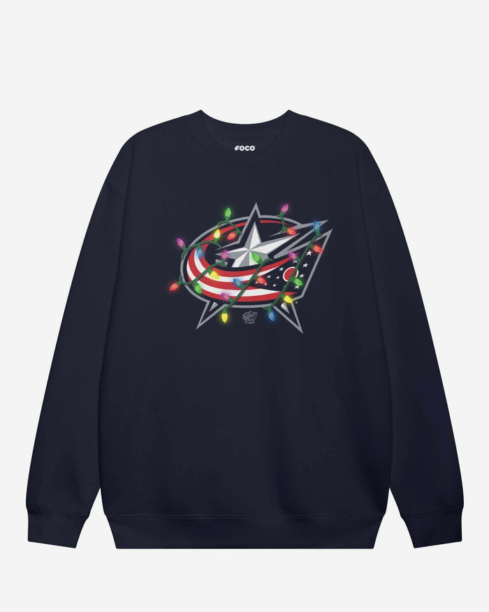 Columbus Blue Jackets Primary Logo Holiday Lights Crew Neck Sweatshirt