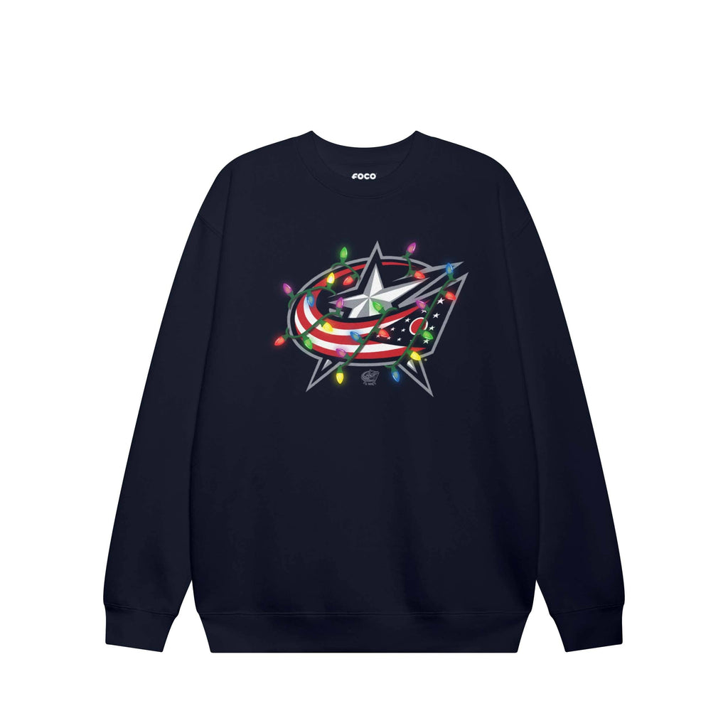 Columbus Blue Jackets Primary Logo Holiday Lights Crew Neck Sweatshirt