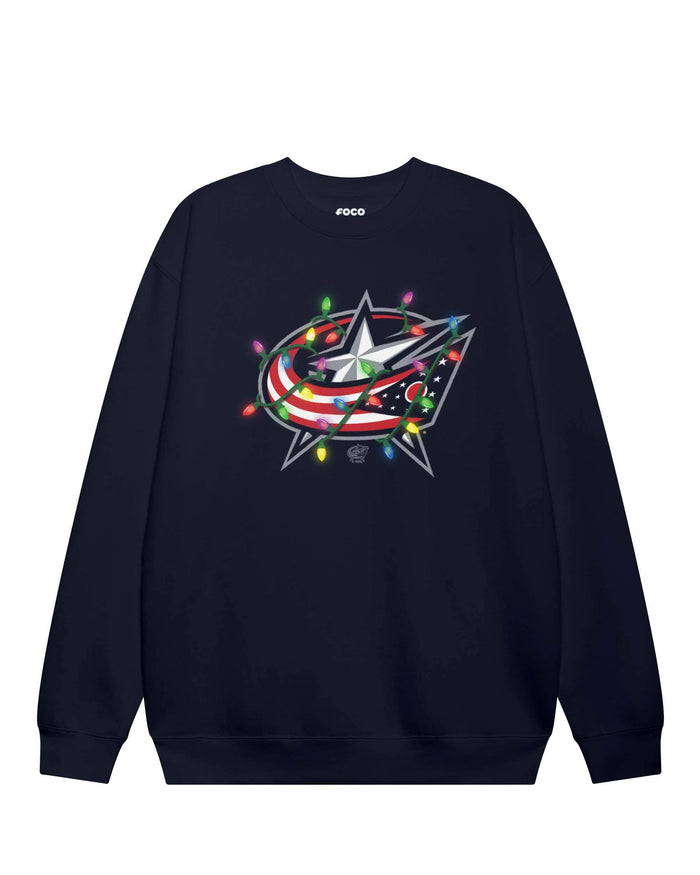 Columbus Blue Jackets Primary Logo Holiday Lights Crew Neck Sweatshirt