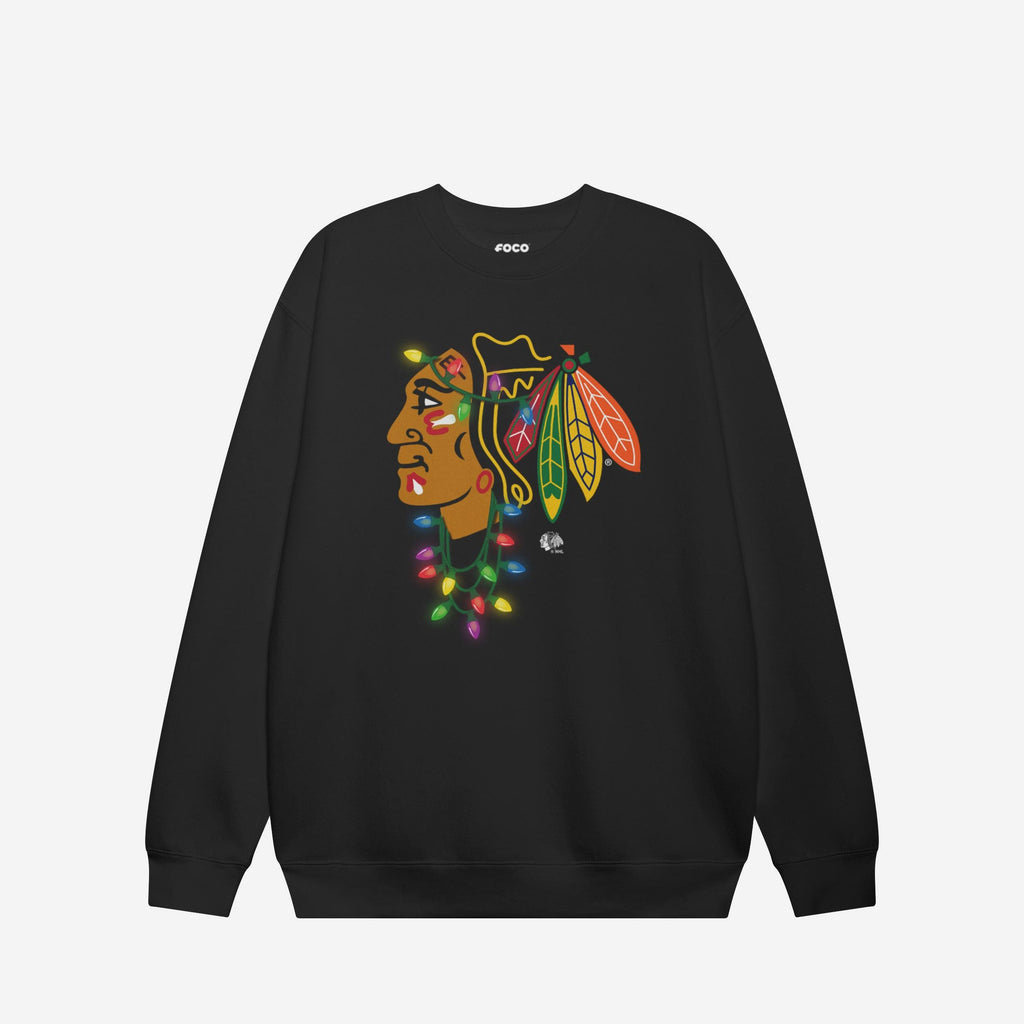 Chicago Blackhawks Primary Logo Holiday Lights Crew Neck Sweatshirt FOCO S - FOCO.com