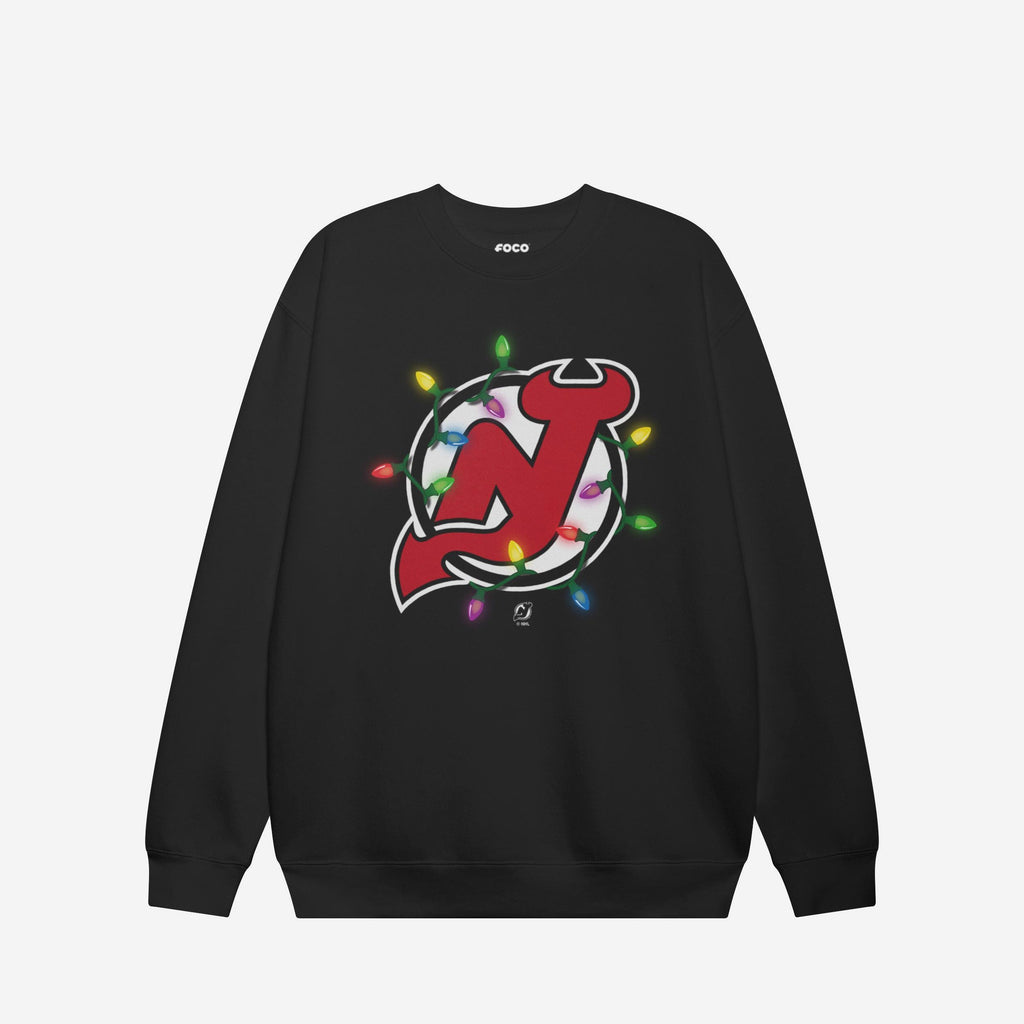 New Jersey Devils Primary Logo Holiday Lights Crew Neck Sweatshirt FOCO S - FOCO.com