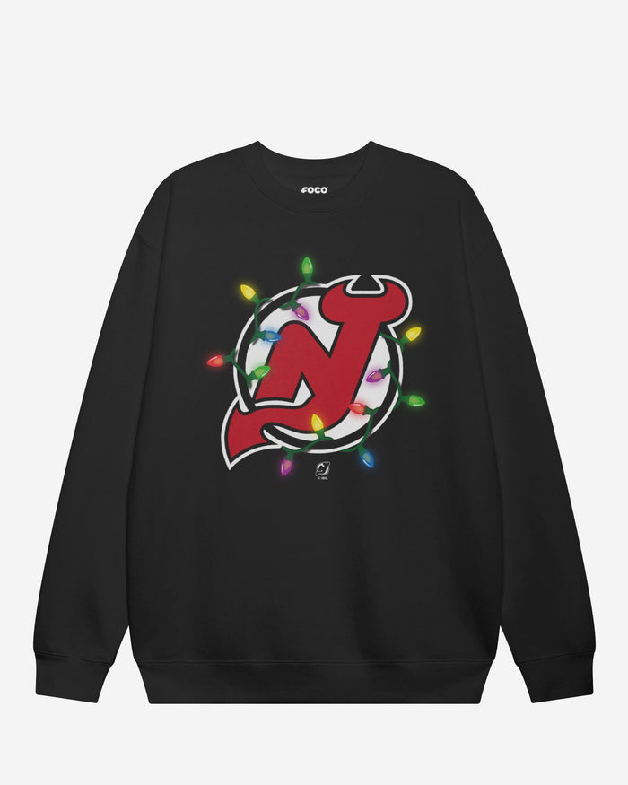 New Jersey Devils Primary Logo Holiday Lights Crew Neck Sweatshirt FOCO S - FOCO.com