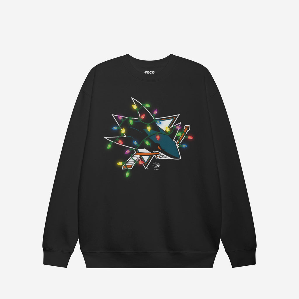 San Jose Sharks Primary Logo Holiday Lights Crew Neck Sweatshirt FOCO S - FOCO.com