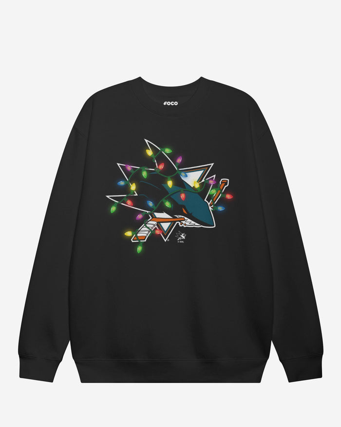 San Jose Sharks Primary Logo Holiday Lights Crew Neck Sweatshirt FOCO S - FOCO.com
