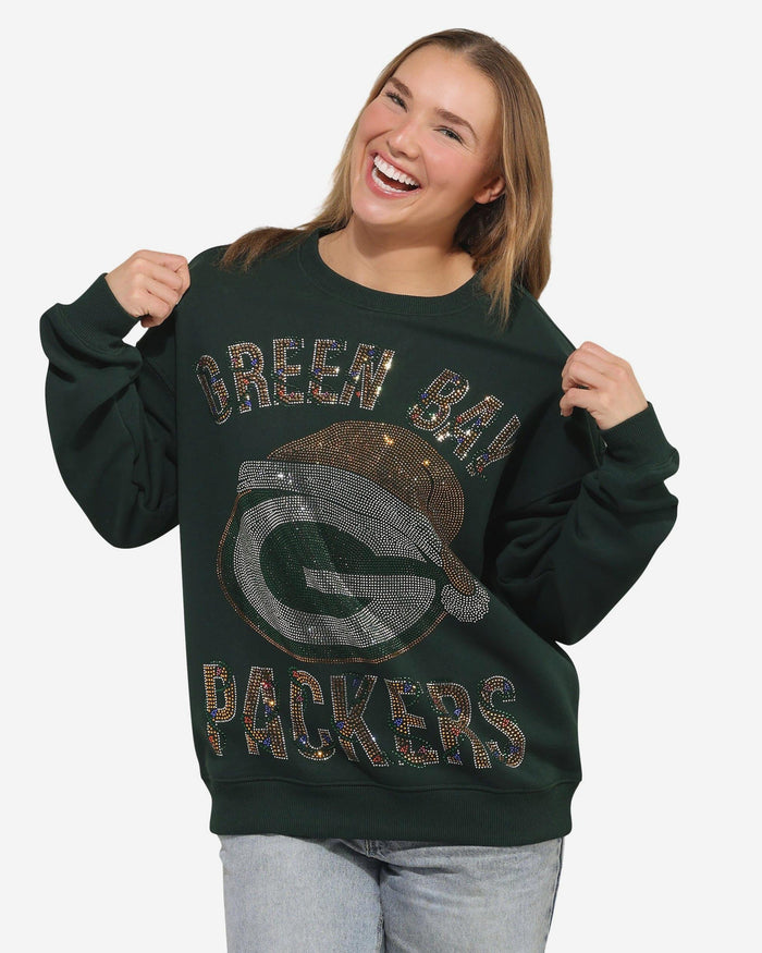 Green Bay Packers Womens Rhinestone Logo Oversized Holiday Crew Neck Sweatshirt FOCO S - FOCO.com