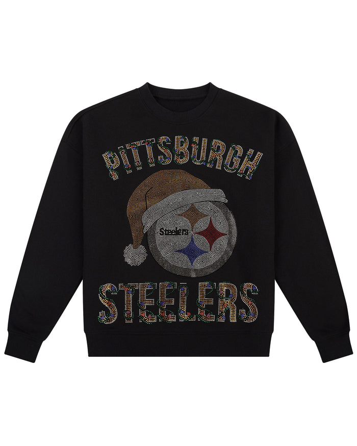 Pittsburgh Steelers Womens Rhinestone Logo Oversized Holiday Crew Neck Sweatshirt