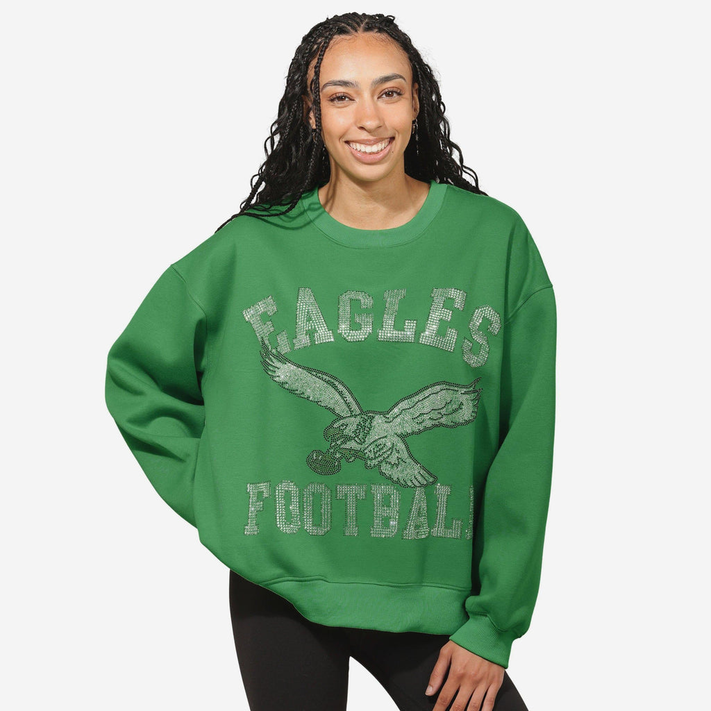 Philadelphia Eagles Womens Kelly Green Rhinestone Logo Oversized Crew Neck Sweatshirt FOCO S - FOCO.com