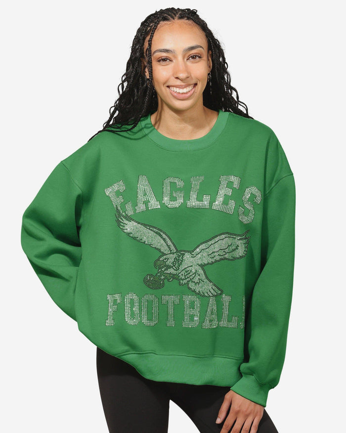 Philadelphia Eagles Womens Kelly Green Rhinestone Logo Oversized Crew Neck Sweatshirt FOCO S - FOCO.com