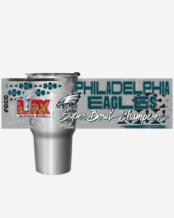 Philadelphia Eagles Super Bowl LIX Champions Stencil Silver Diamond 27 oz Stainless Steel Tumbler FOCO - FOCO.com