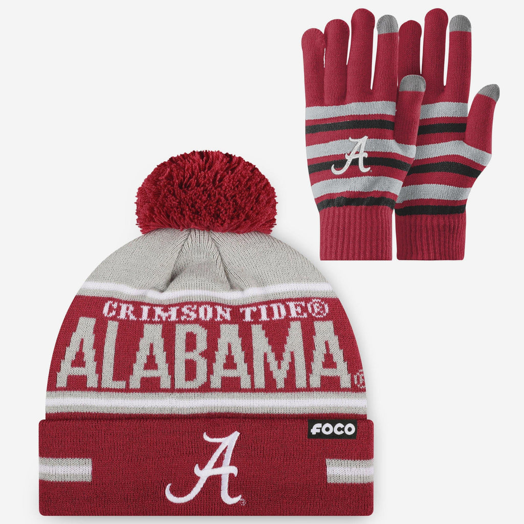 Alabama Crimson Tide Stretch Glove & Big Wordmark Stripe Pom Beanie Set FOCO - FOCO.com