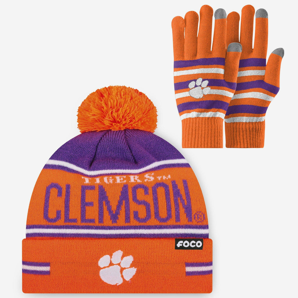 Clemson Tigers Stretch Glove & Big Wordmark Stripe Pom Beanie Set FOCO - FOCO.com