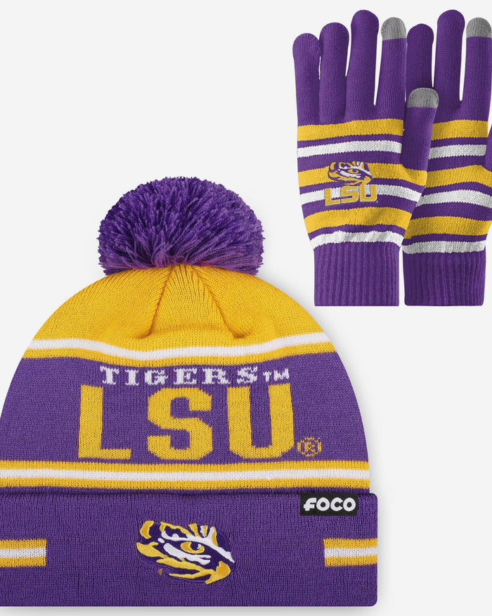 LSU Tigers Stretch Glove & Big Wordmark Stripe Pom Beanie Set FOCO - FOCO.com