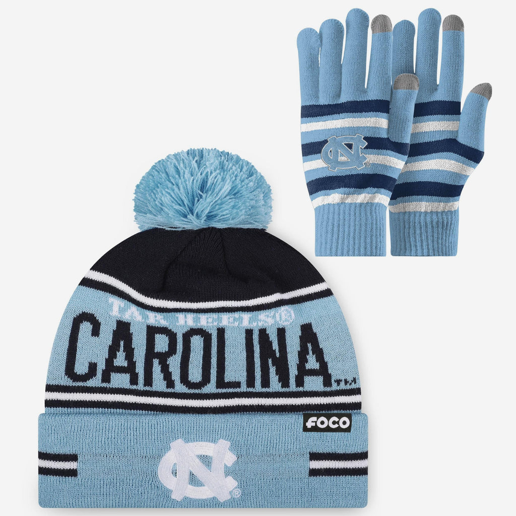 North Carolina Tar Heels Stretch Glove & Big Wordmark Stripe Pom Beanie Set FOCO - FOCO.com