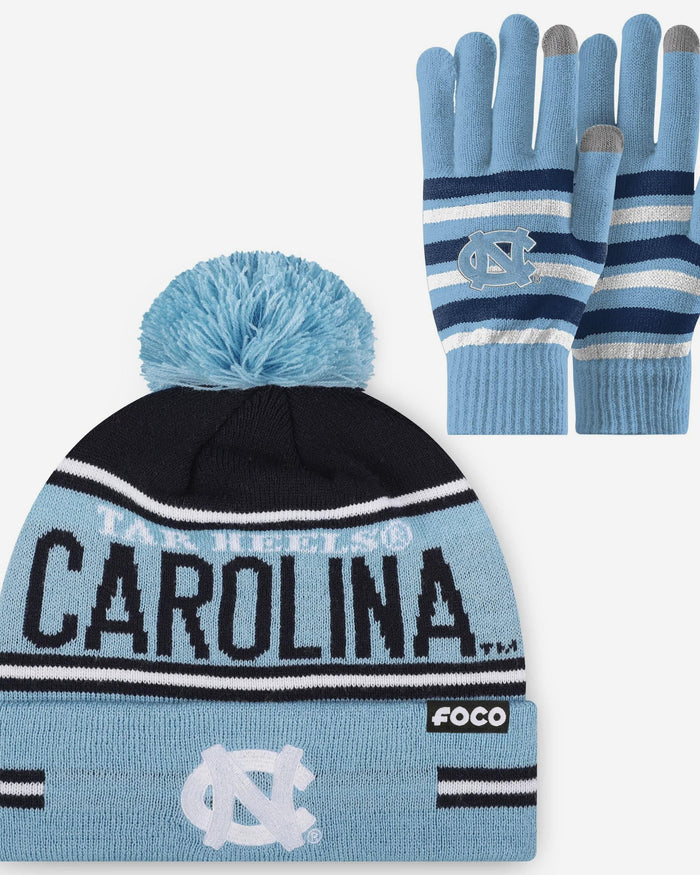 North Carolina Tar Heels Stretch Glove & Big Wordmark Stripe Pom Beanie Set FOCO - FOCO.com