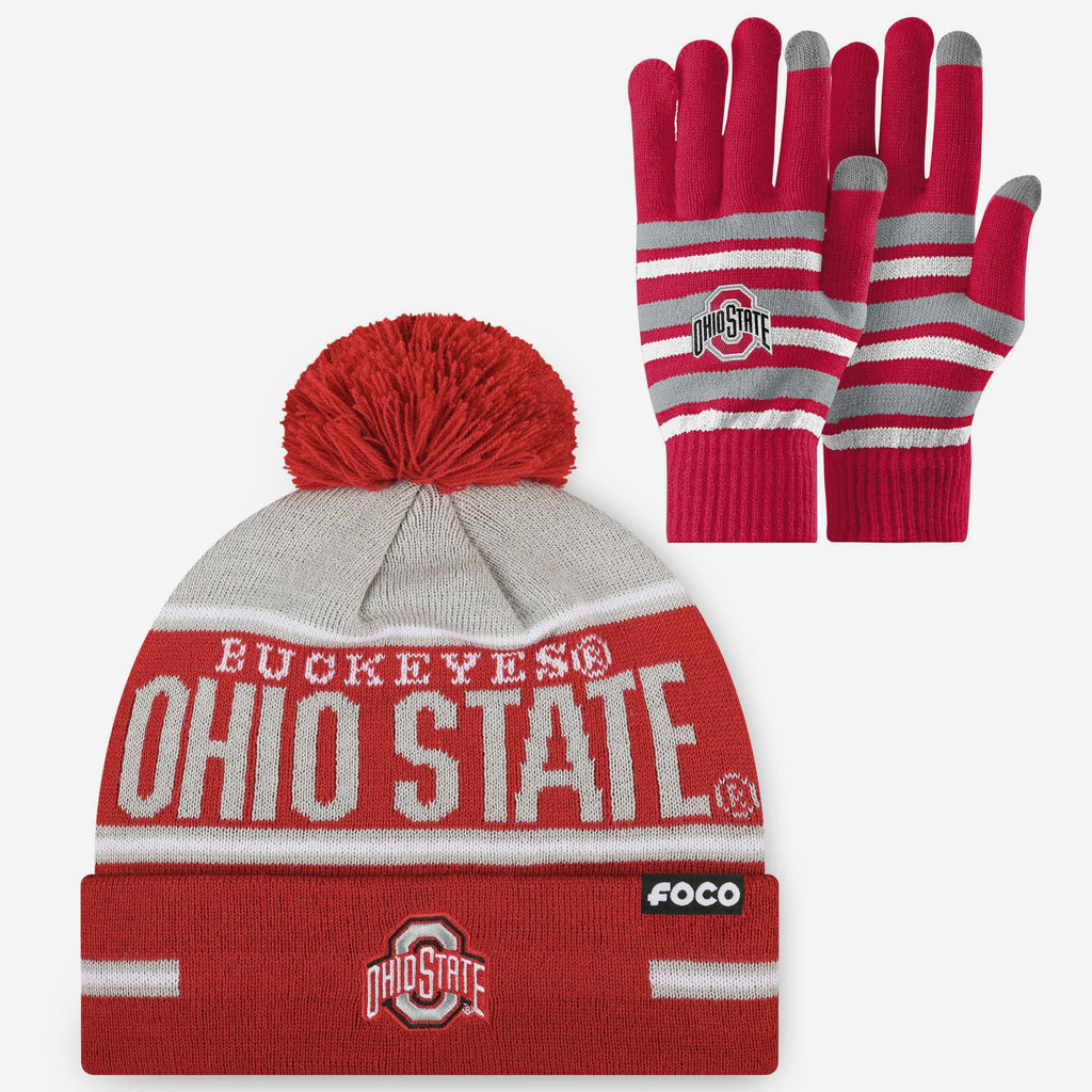 Ohio State Buckeyes Stretch Glove & Big Wordmark Stripe Pom Beanie Set FOCO - FOCO.com