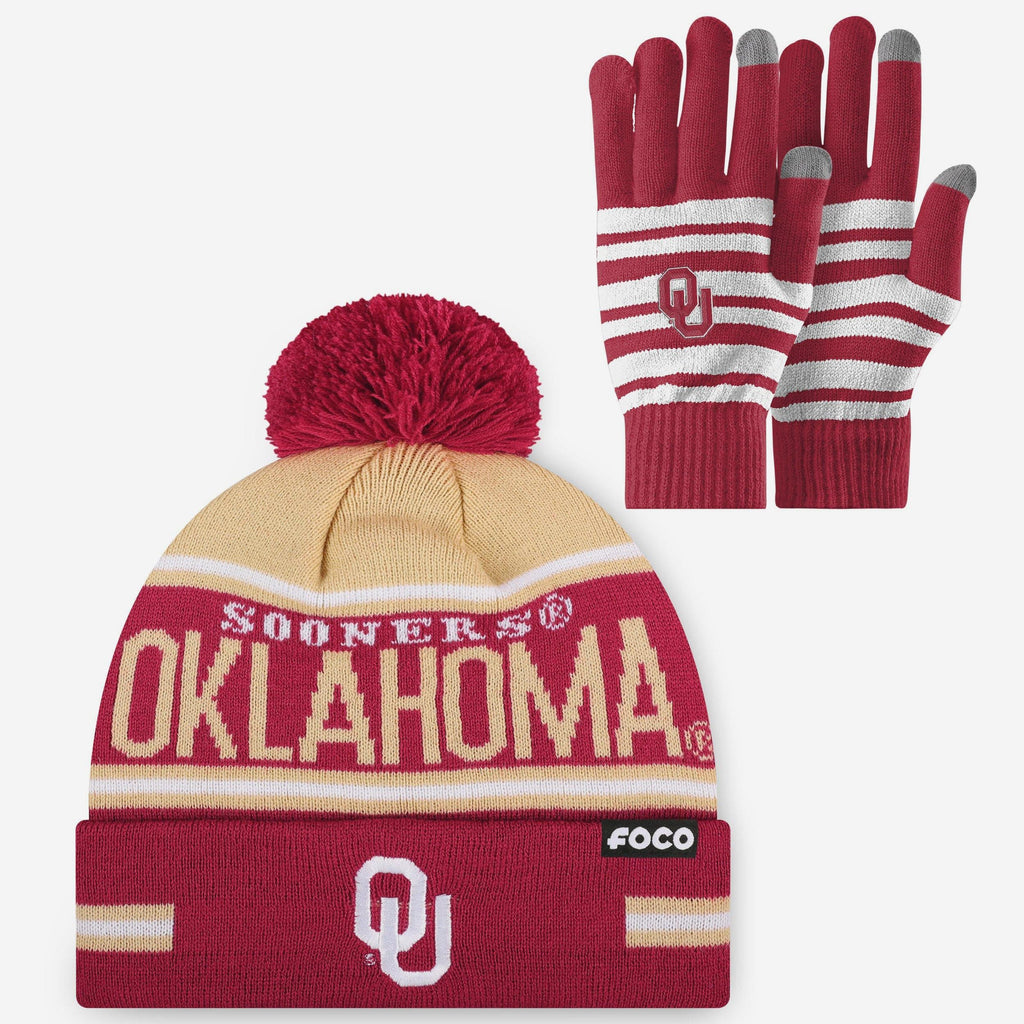 Oklahoma Sooners Stretch Glove & Big Wordmark Stripe Pom Beanie Set FOCO - FOCO.com