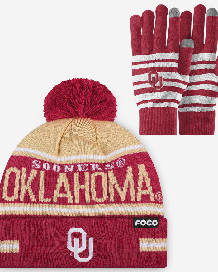 Oklahoma Sooners Stretch Glove & Big Wordmark Stripe Pom Beanie Set FOCO - FOCO.com