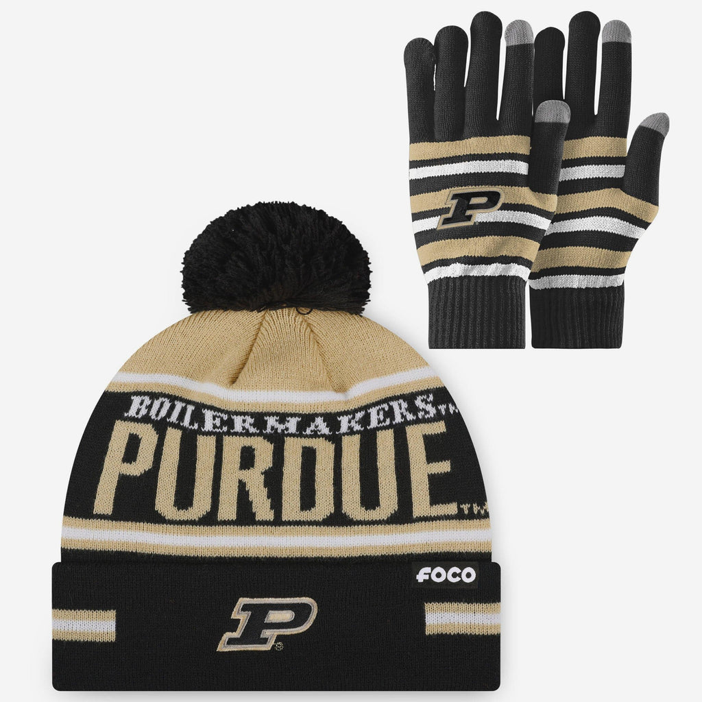 Purdue Boilermakers Stretch Glove & Big Wordmark Stripe Pom Beanie Set FOCO - FOCO.com