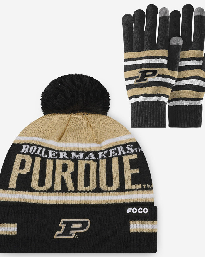 Purdue Boilermakers Stretch Glove & Big Wordmark Stripe Pom Beanie Set FOCO - FOCO.com