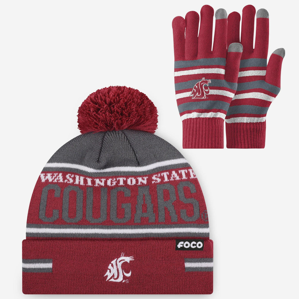 Washington State Cougars Stretch Glove & Big Wordmark Stripe Pom Beanie Set FOCO - FOCO.com