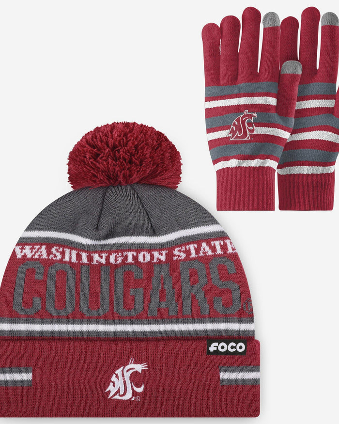 Washington State Cougars Stretch Glove & Big Wordmark Stripe Pom Beanie Set FOCO - FOCO.com