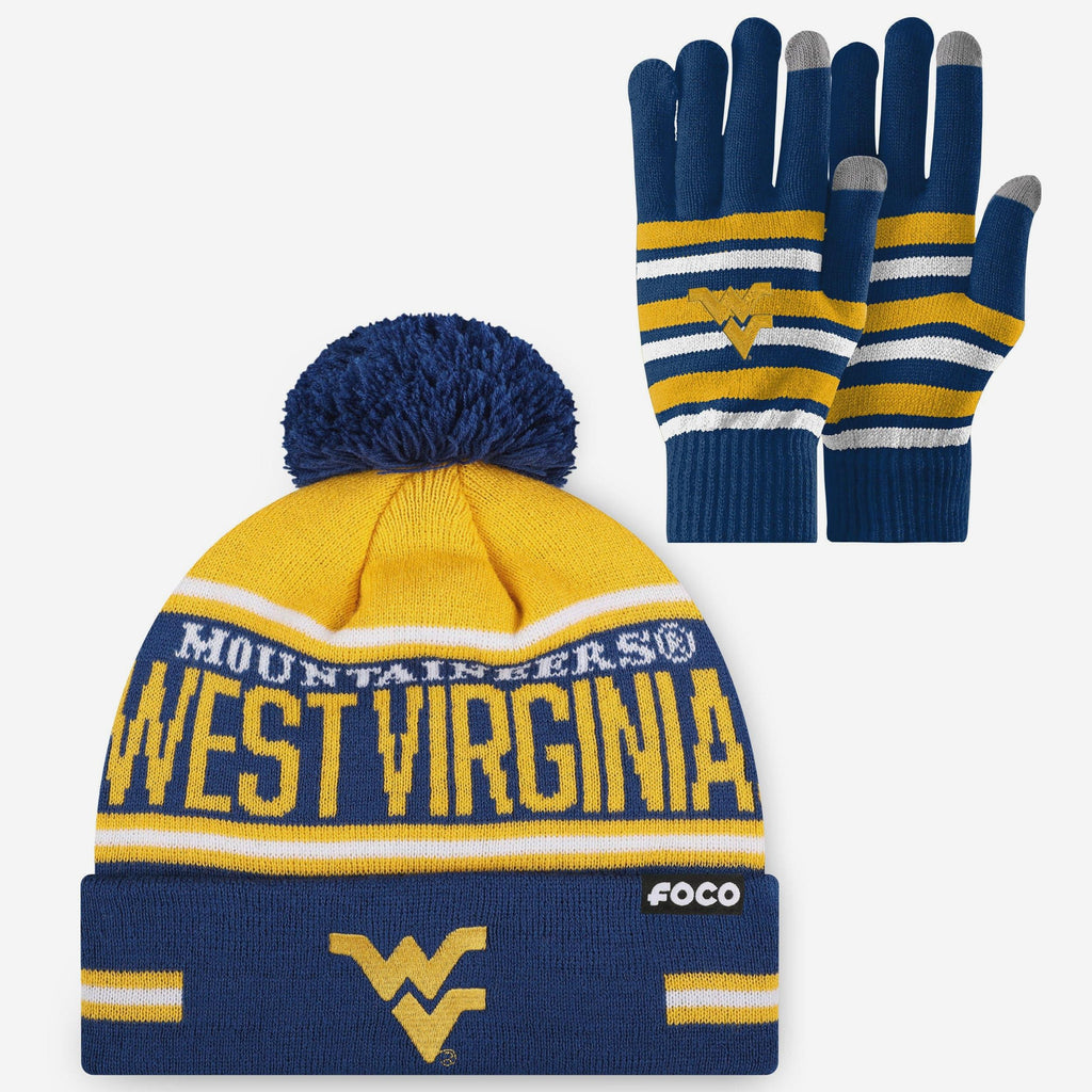 West Virginia Mountaineers Stretch Glove & Big Wordmark Stripe Pom Beanie Set FOCO - FOCO.com