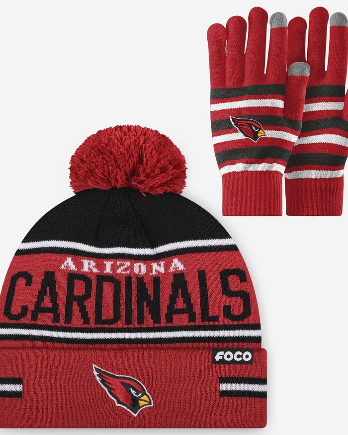 Arizona Cardinals Stretch Glove & Big Wordmark Stripe Pom Beanie Set FOCO - FOCO.com