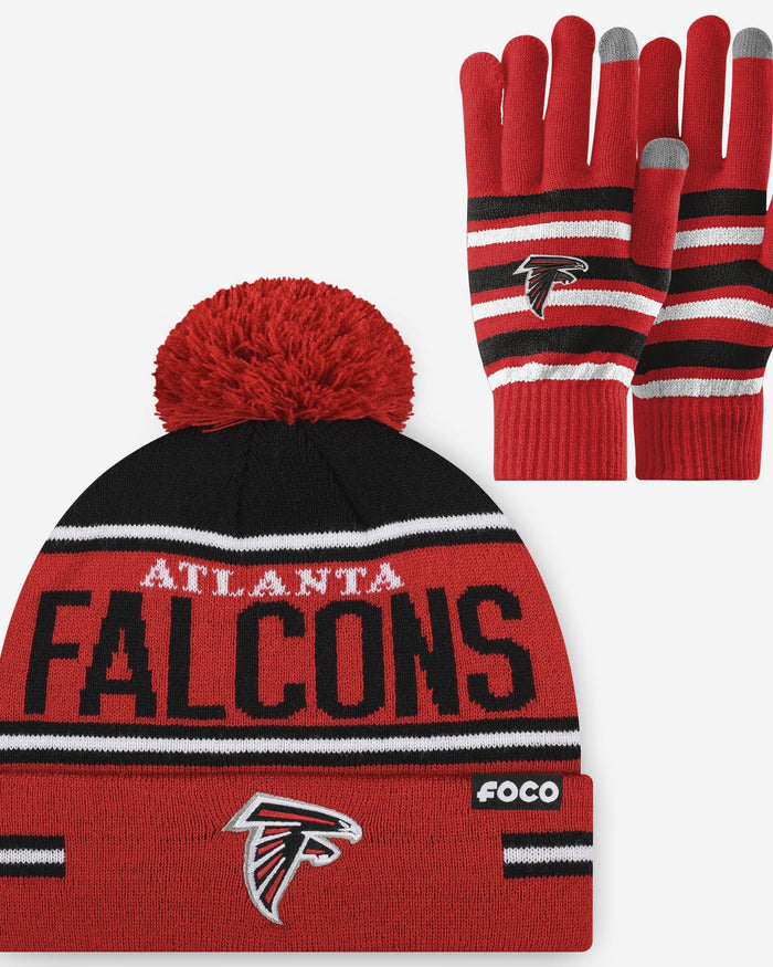 Atlanta Falcons Stretch Glove & Big Wordmark Stripe Pom Beanie Set FOCO - FOCO.com