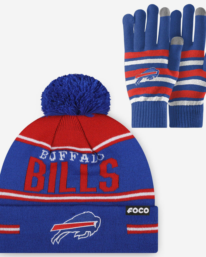 Buffalo Bills Stretch Glove & Big Wordmark Stripe Pom Beanie Set FOCO - FOCO.com