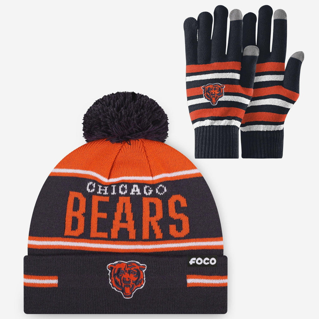 Chicago Bears Stretch Glove & Big Wordmark Stripe Pom Beanie Set FOCO - FOCO.com