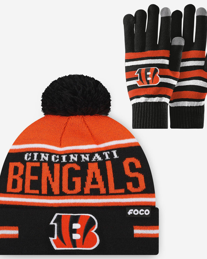Cincinnati Bengals Stretch Glove & Big Wordmark Stripe Pom Beanie Set FOCO - FOCO.com