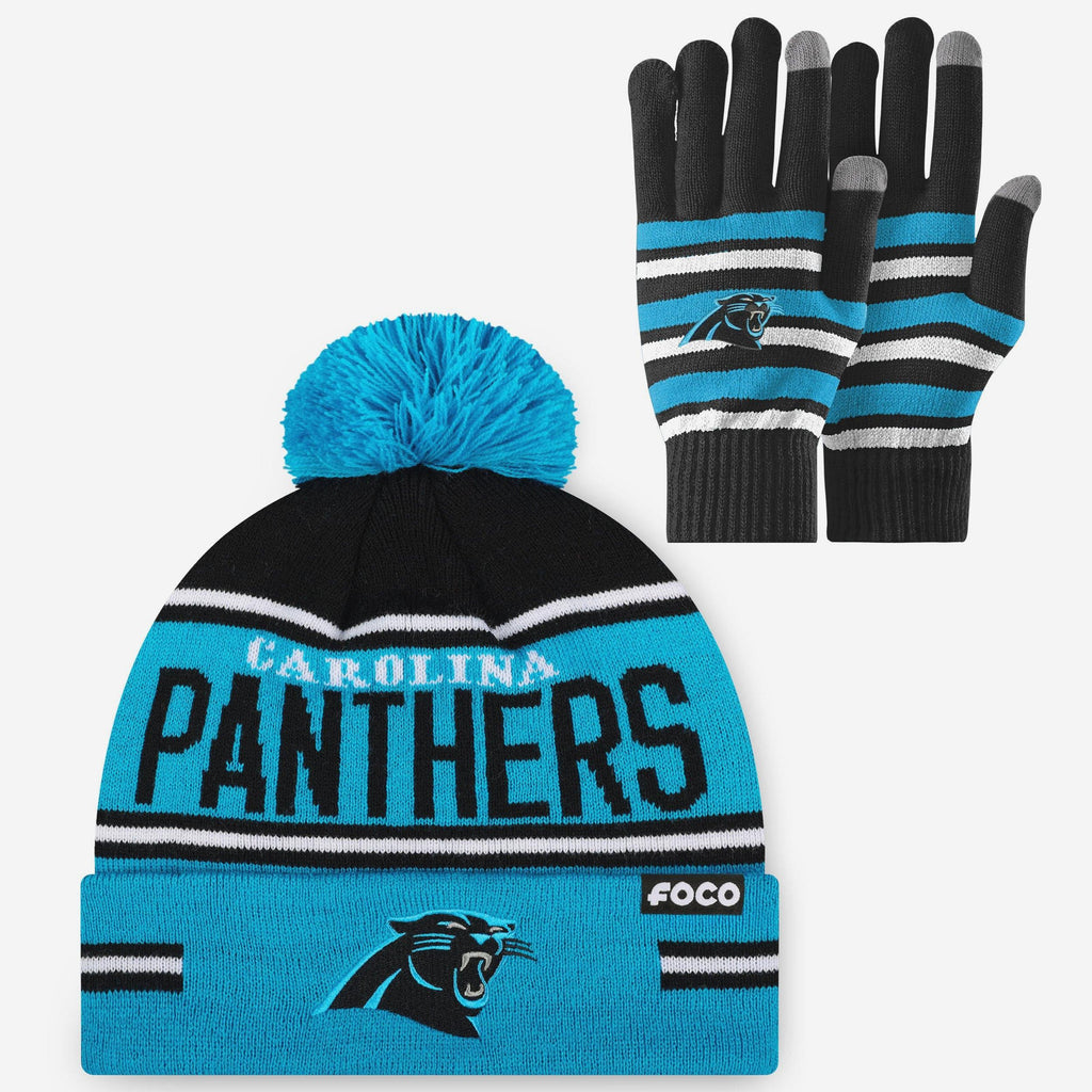 Carolina Panthers Stretch Glove & Big Wordmark Stripe Pom Beanie Set FOCO - FOCO.com