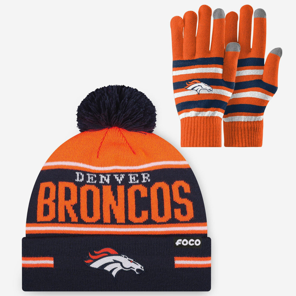 Denver Broncos Stretch Glove & Big Wordmark Stripe Pom Beanie Set FOCO - FOCO.com