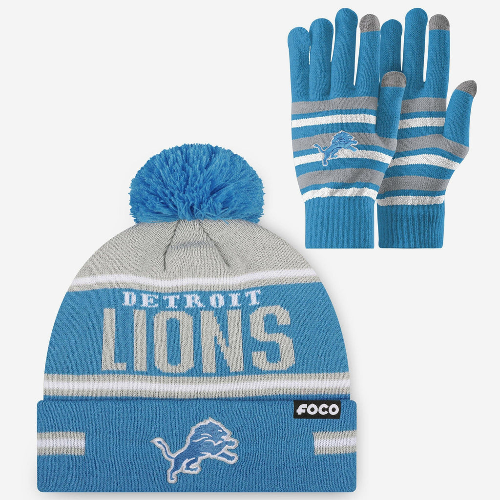 Detroit Lions Stretch Glove & Big Wordmark Stripe Pom Beanie Set FOCO - FOCO.com