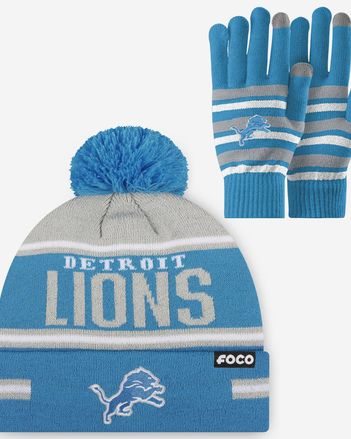 Detroit Lions Stretch Glove & Big Wordmark Stripe Pom Beanie Set FOCO - FOCO.com