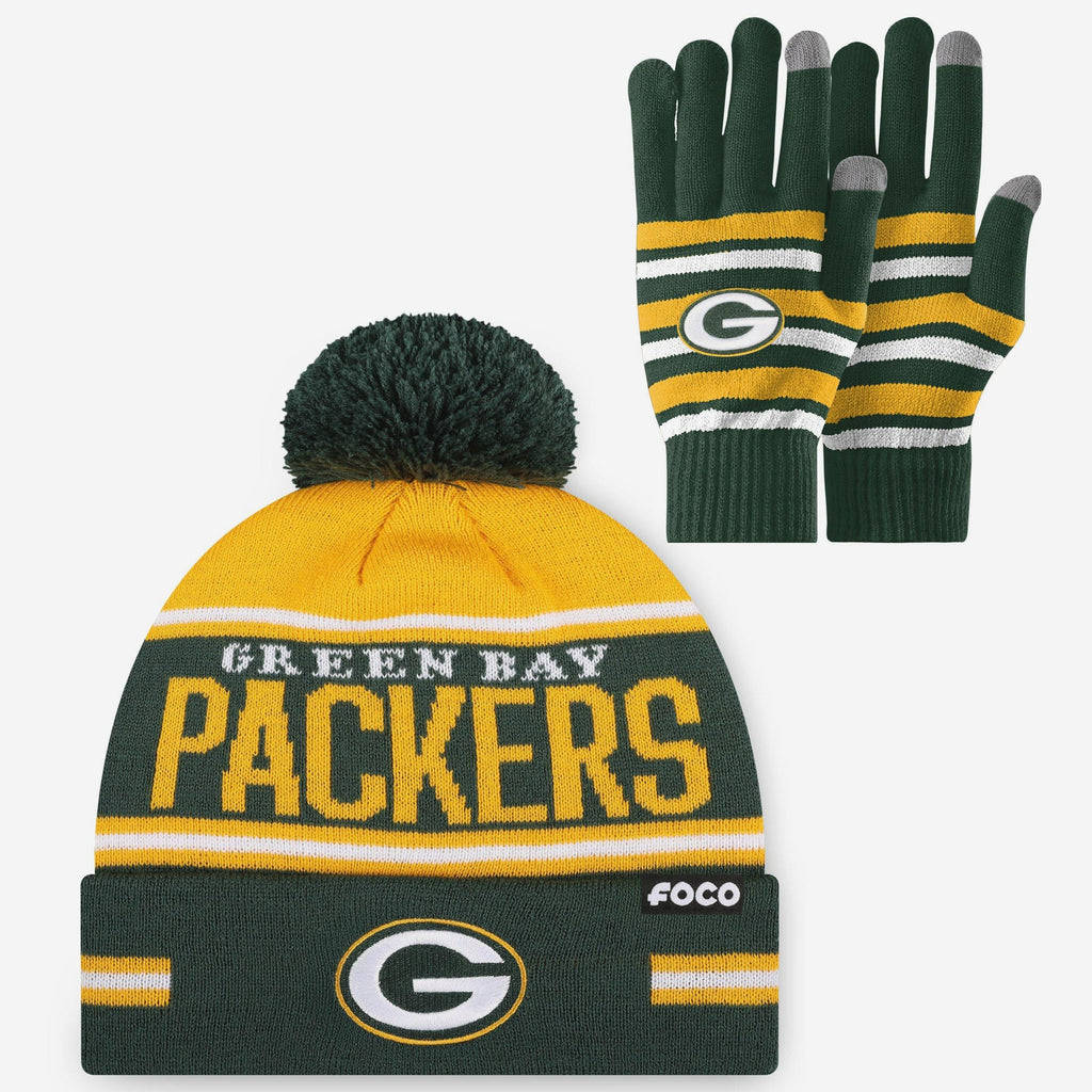 Green Bay Packers Stretch Glove & Big Wordmark Stripe Pom Beanie Set FOCO - FOCO.com