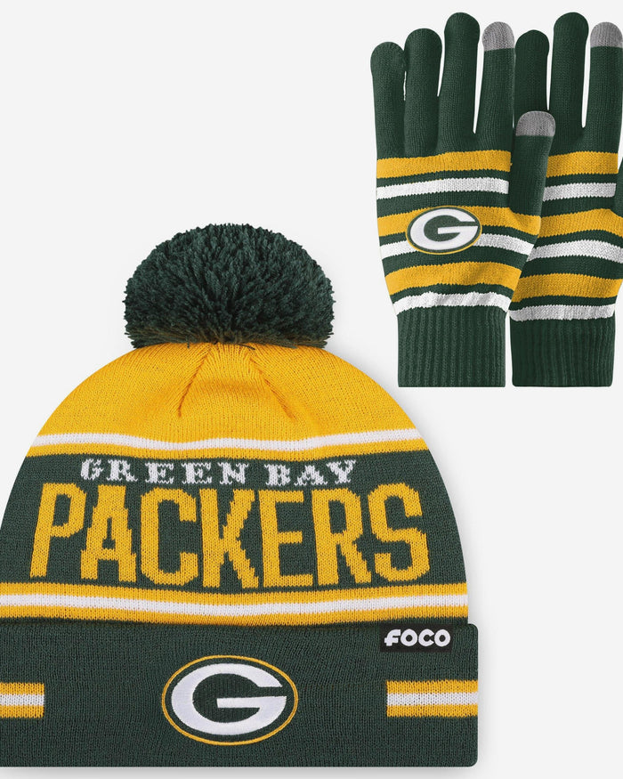 Green Bay Packers Stretch Glove & Big Wordmark Stripe Pom Beanie Set FOCO - FOCO.com