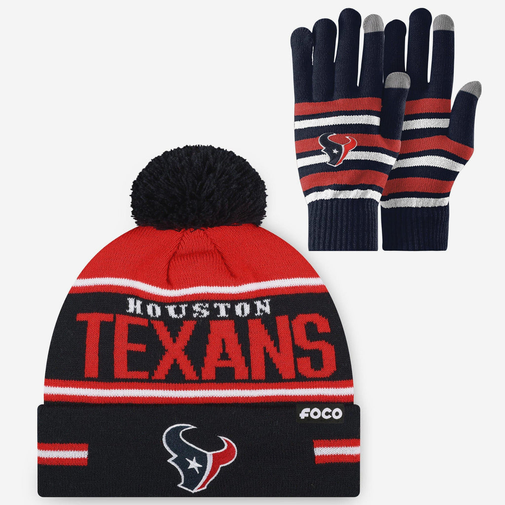 Houston Texans Stretch Glove & Big Wordmark Stripe Pom Beanie Set FOCO - FOCO.com