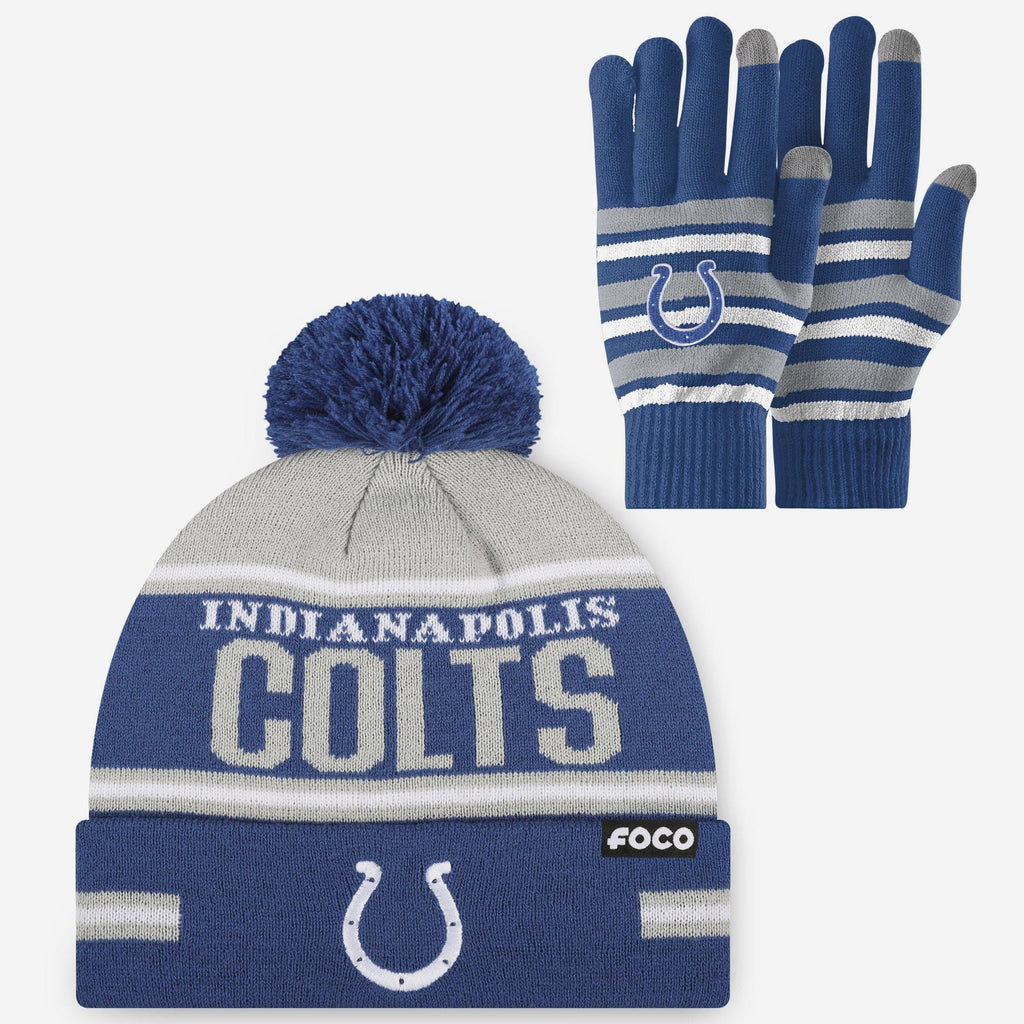 Indianapolis Colts Stretch Glove & Big Wordmark Stripe Pom Beanie Set FOCO - FOCO.com