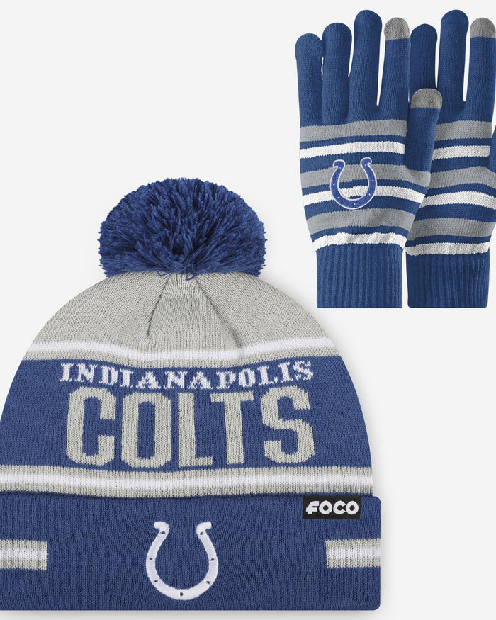 Indianapolis Colts Stretch Glove & Big Wordmark Stripe Pom Beanie Set FOCO - FOCO.com