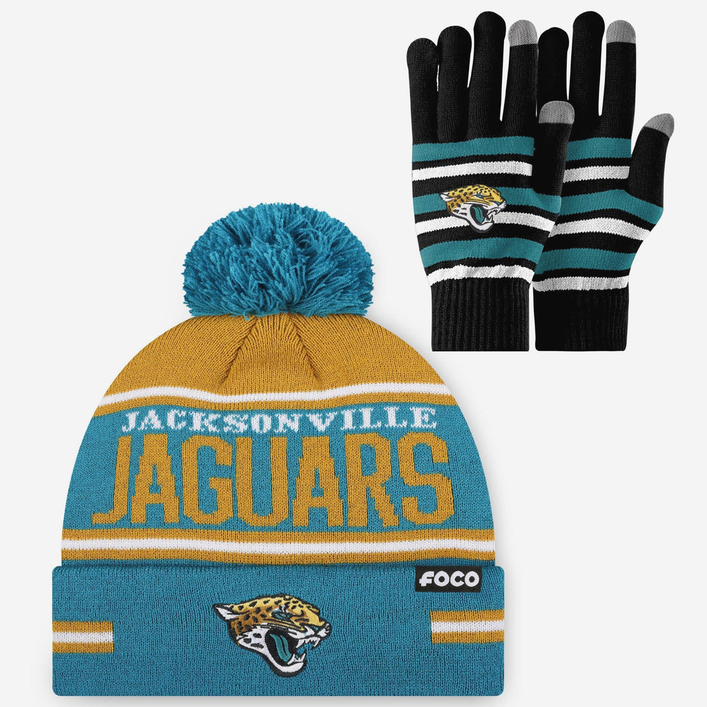 Jacksonville Jaguars Stretch Glove & Big Wordmark Stripe Pom Beanie Set FOCO - FOCO.com