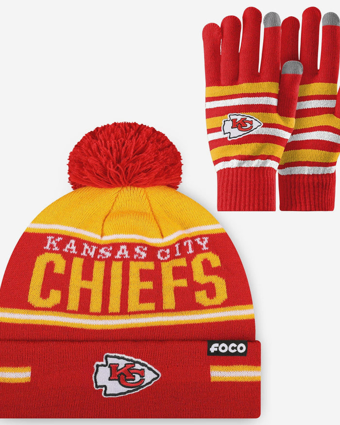 Kansas City Chiefs Stretch Glove & Big Wordmark Stripe Pom Beanie Set FOCO - FOCO.com