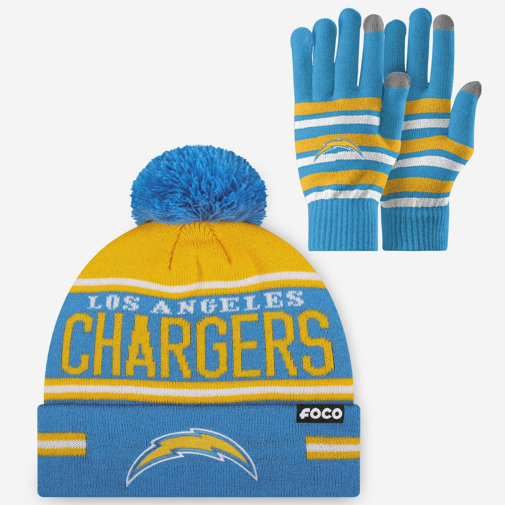 Los Angeles Chargers Stretch Glove & Big Wordmark Stripe Pom Beanie Set FOCO - FOCO.com