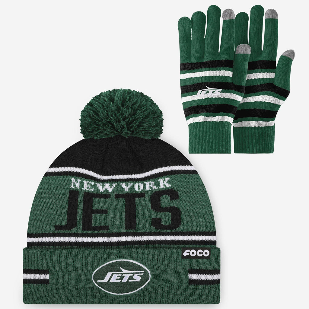 New York Jets Stretch Glove & Big Wordmark Stripe Pom Beanie Set FOCO - FOCO.com