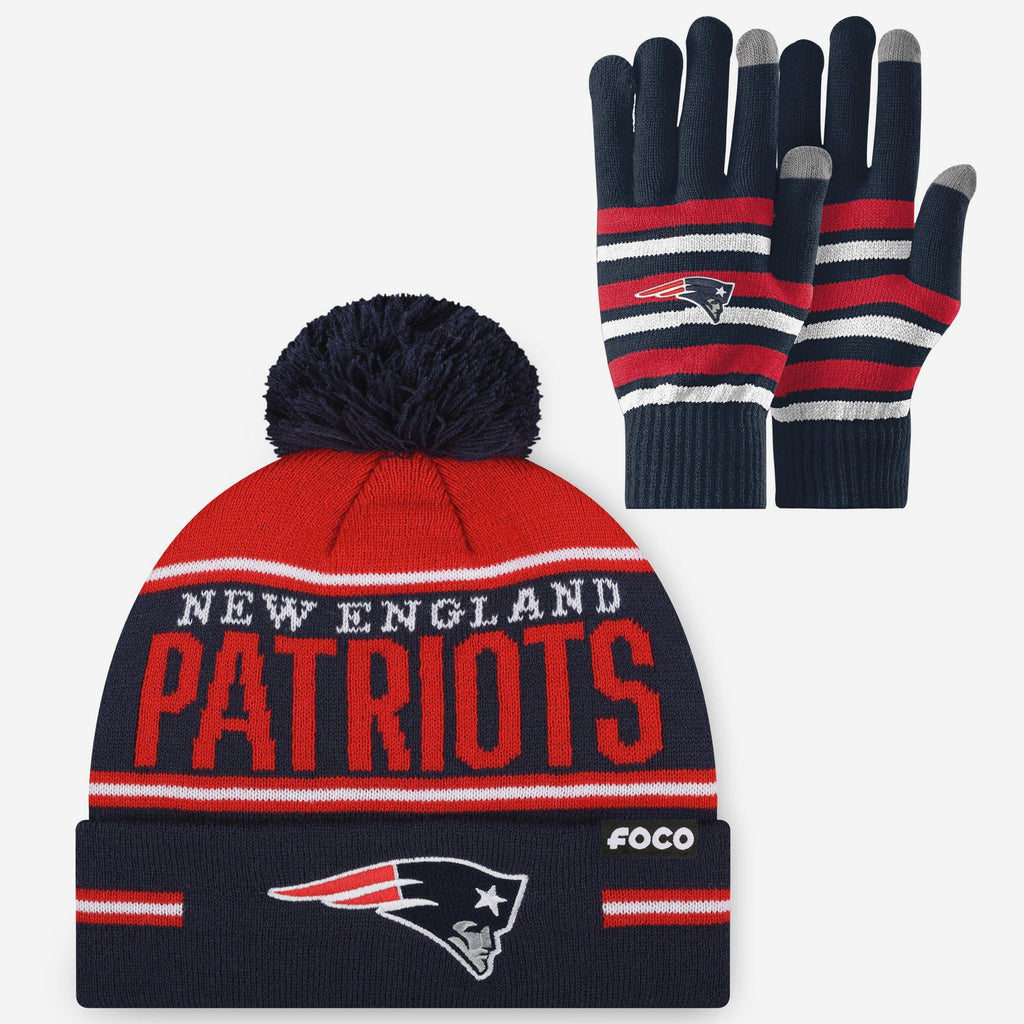 New England Patriots Stretch Glove & Big Wordmark Stripe Pom Beanie Set FOCO - FOCO.com